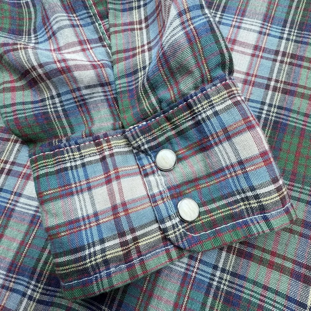 1970's Levi's Shirt Mens L Plaid Western Pearl Snap LS Vintage Tapered Fit